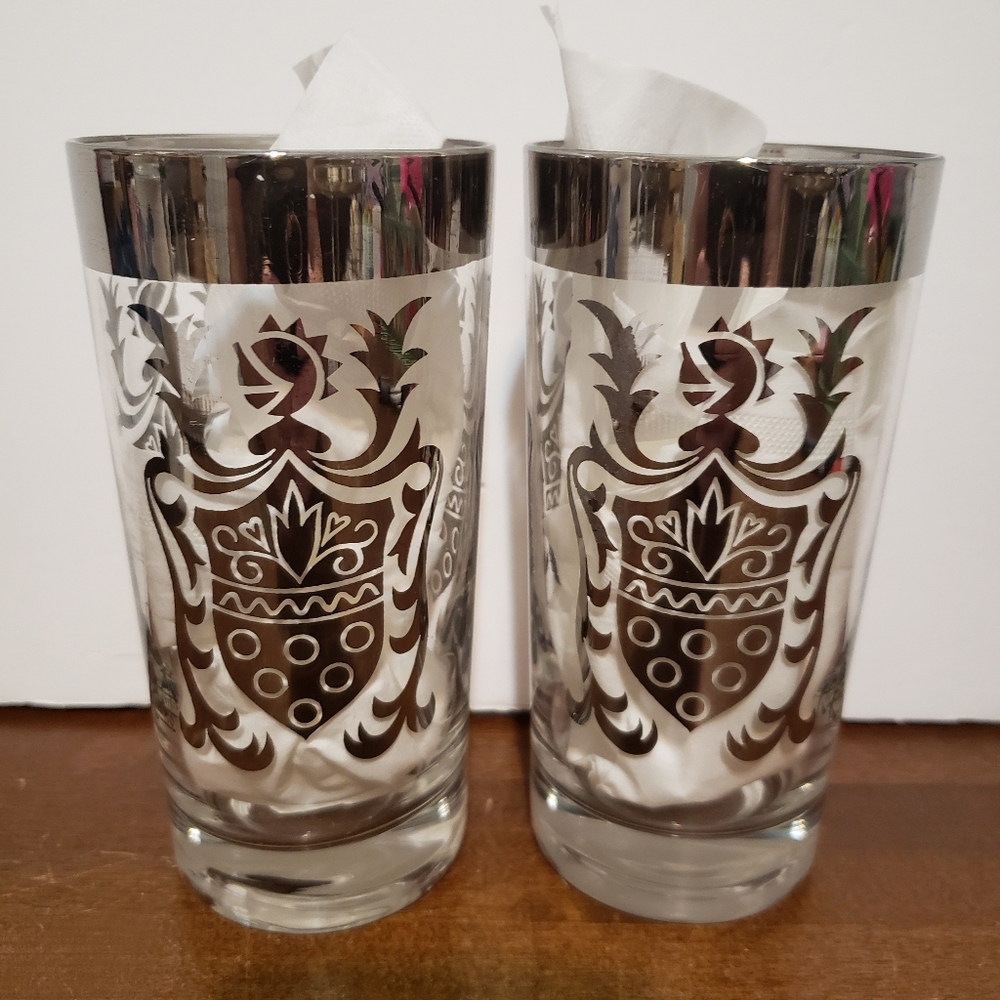 Vintage Kimiko MCM Silver Band Shield Crest Highball Cocktail Glasses (Set of 2)